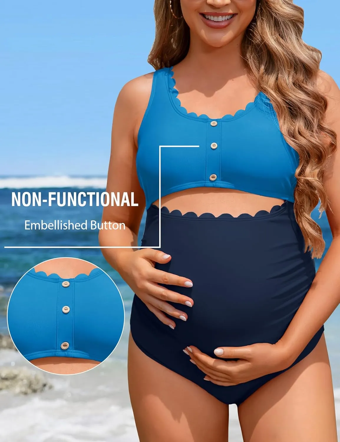 Charmo Maternity One Piece Swimsuit Scalloped Cut Out Ruched High Waisted Scoop Neck Pregnancy Bathing Suit