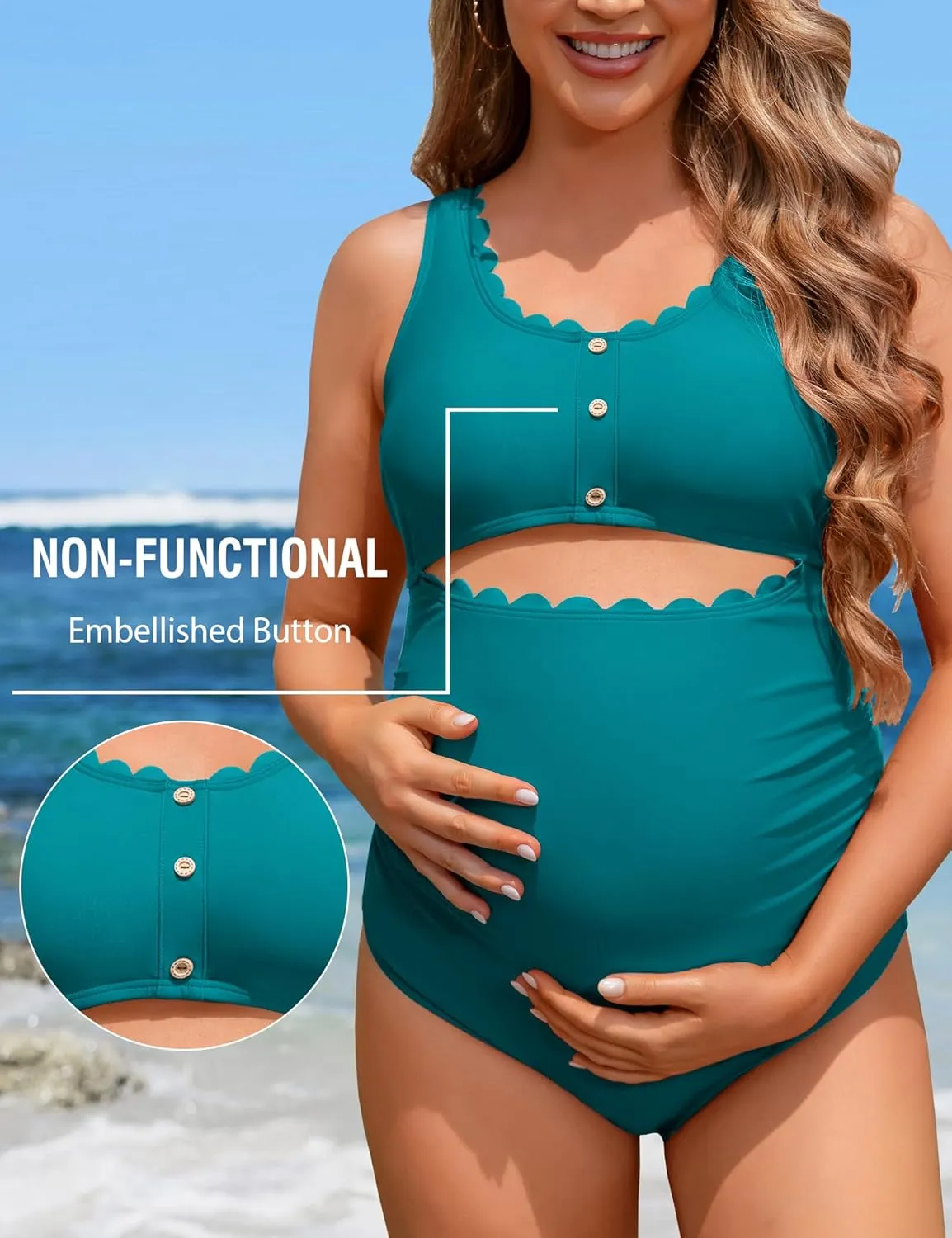 Charmo Maternity One Piece Swimsuit Scalloped Cut Out Ruched High Waisted Scoop Neck Pregnancy Bathing Suit