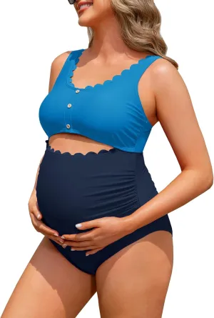 Charmo Maternity One Piece Swimsuit Scalloped Cut Out Ruched High Waisted Scoop Neck Pregnancy Bathing Suit