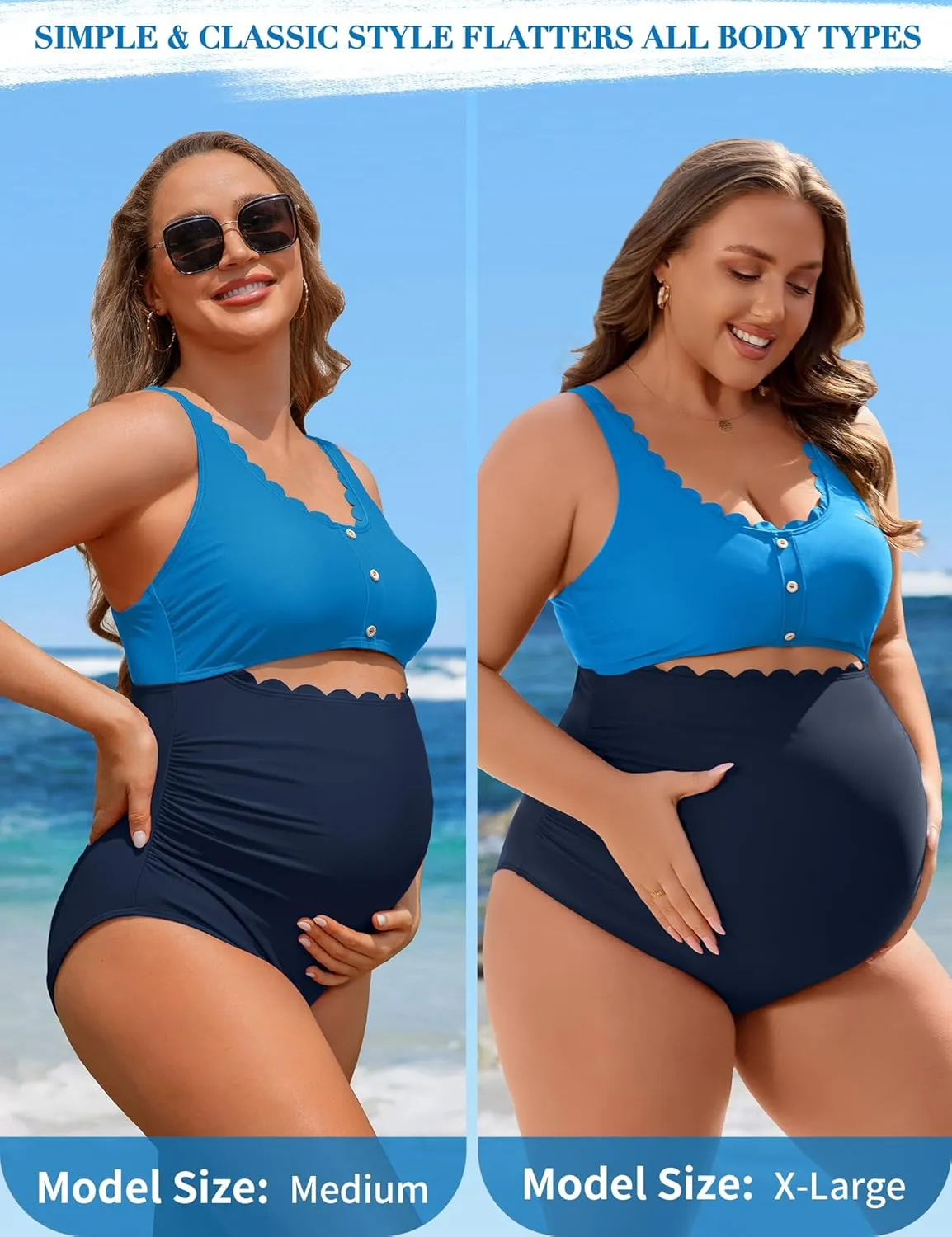 Charmo Maternity One Piece Swimsuit Scalloped Cut Out Ruched High Waisted Scoop Neck Pregnancy Bathing Suit
