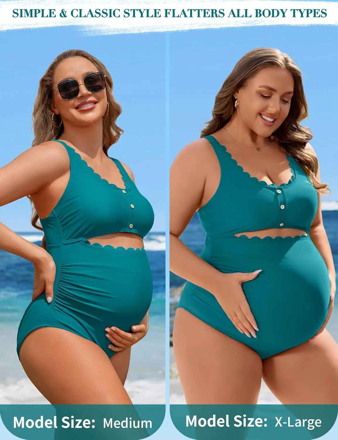 Charmo Maternity One Piece Swimsuit Scalloped Cut Out Ruched High Waisted Scoop Neck Pregnancy Bathing Suit