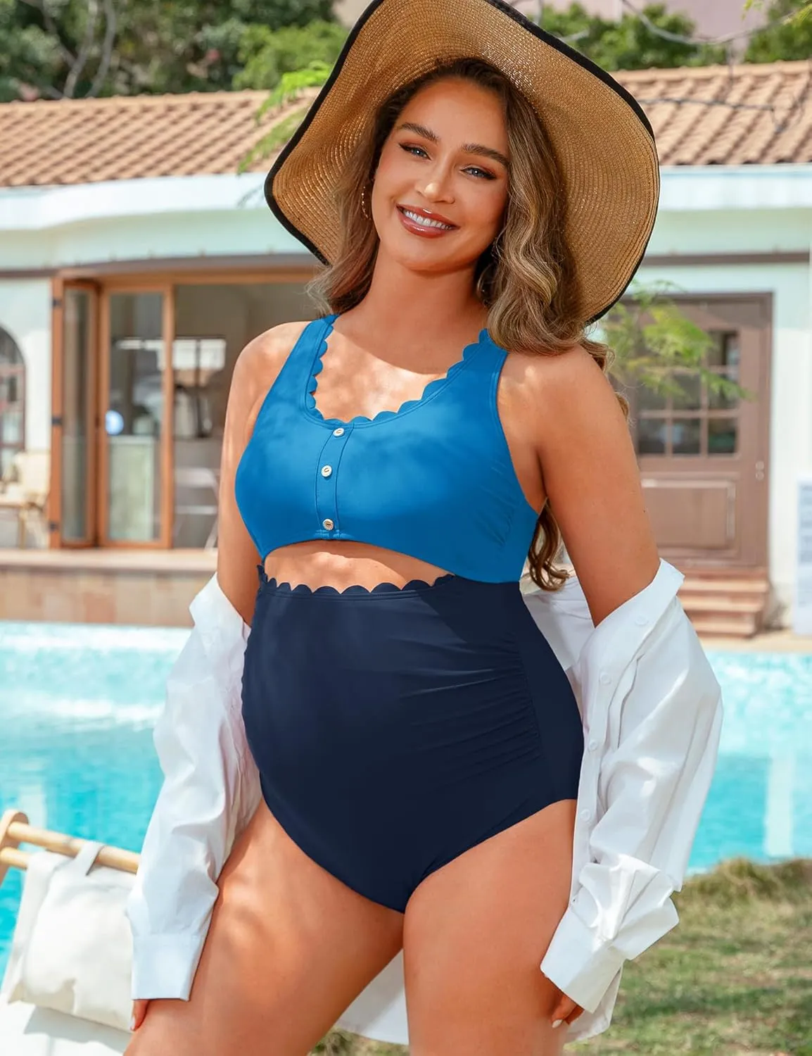 Charmo Maternity One Piece Swimsuit Scalloped Cut Out Ruched High Waisted Scoop Neck Pregnancy Bathing Suit