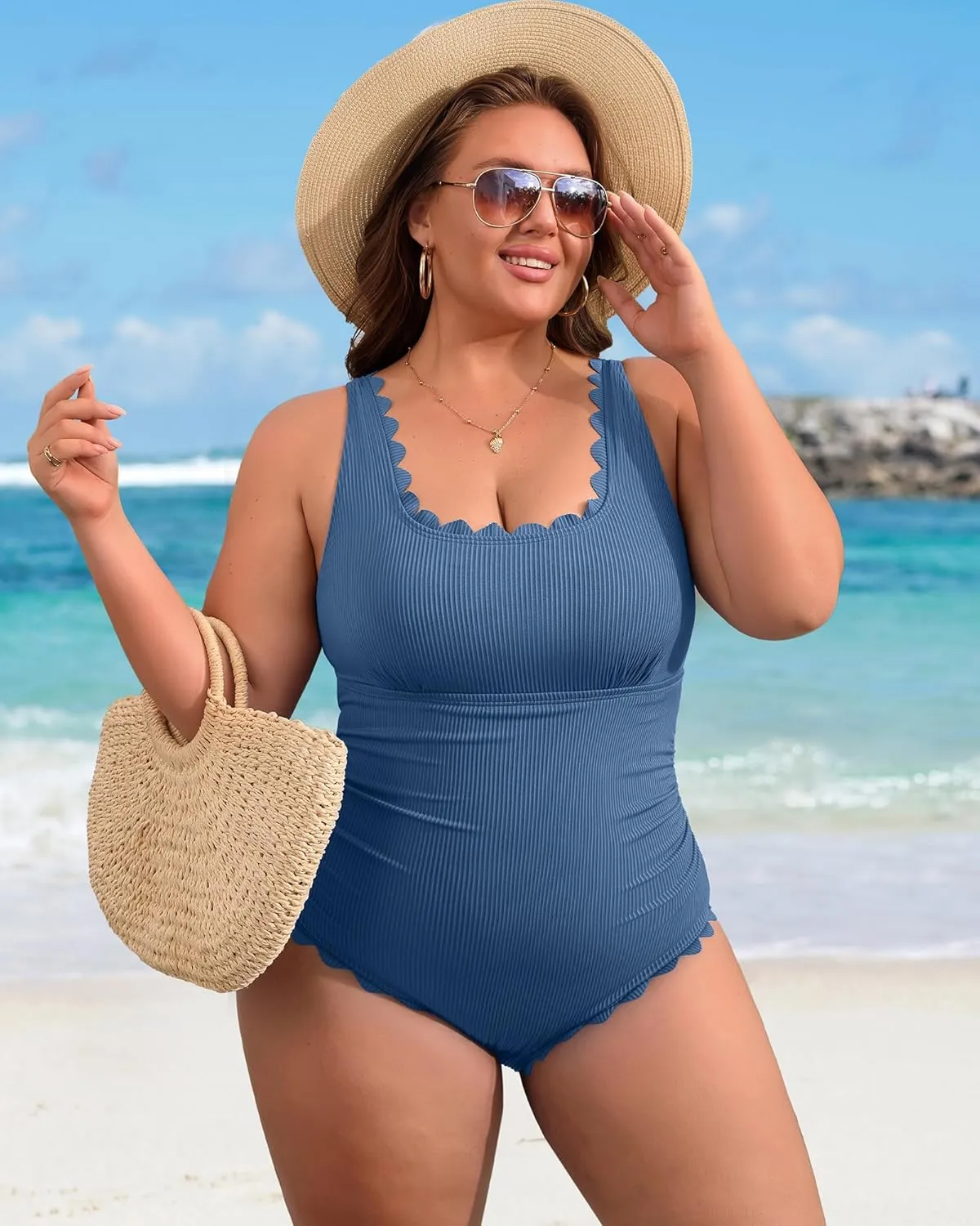 Charmo Plus Size Swimsuit for Women 2025 Tummy Control Scalloped Ribbed One Piece Swimsuits Ruched Modest Bathing Suit