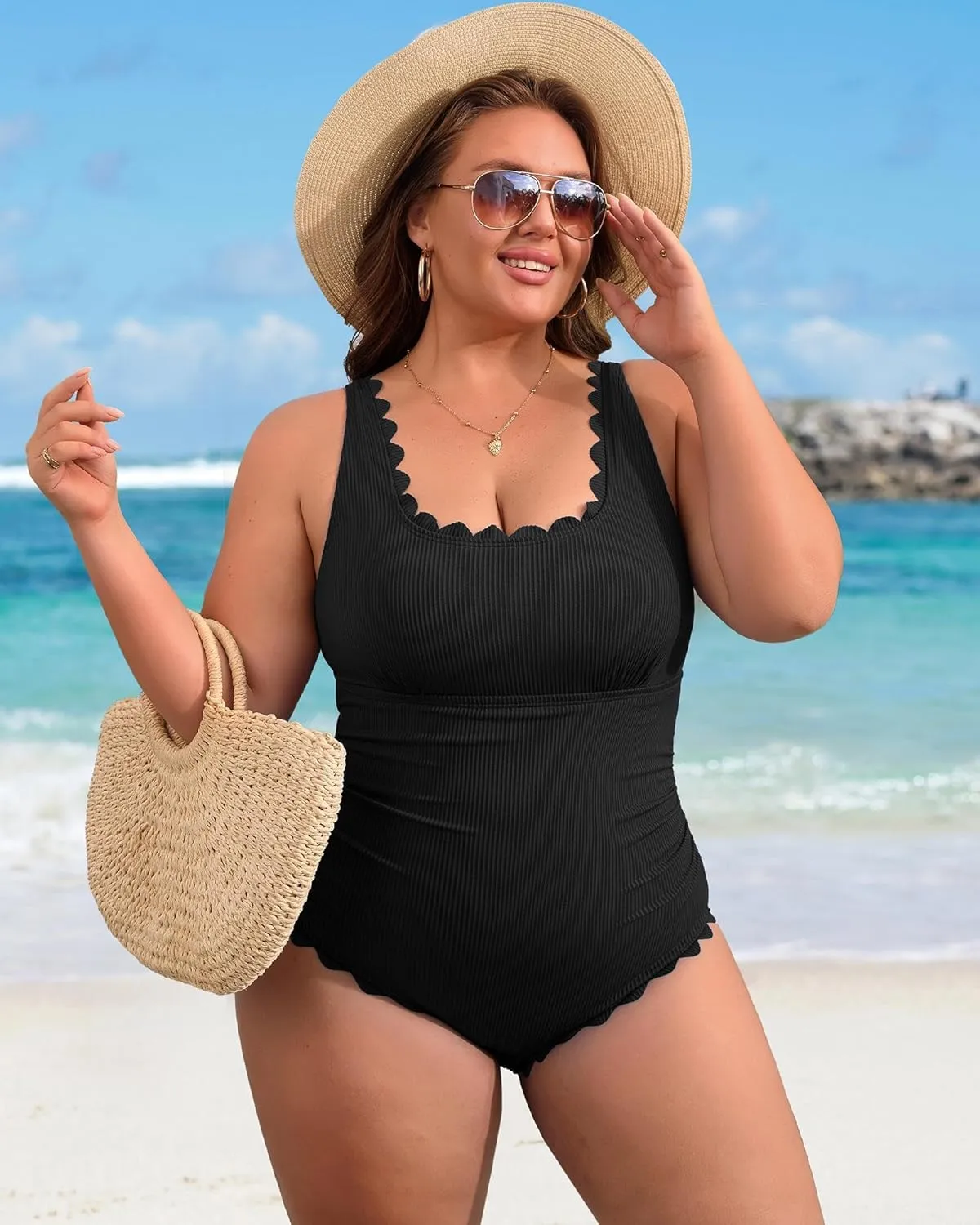 Charmo Plus Size Swimsuit for Women 2025 Tummy Control Scalloped Ribbed One Piece Swimsuits Ruched Modest Bathing Suit