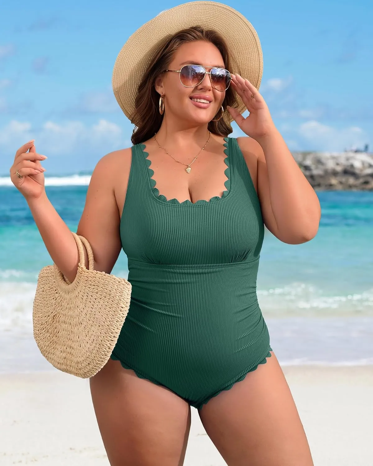 Charmo Plus Size Swimsuit for Women 2025 Tummy Control Scalloped Ribbed One Piece Swimsuits Ruched Modest Bathing Suit
