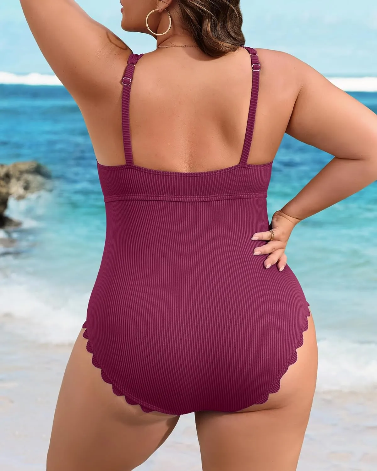 Charmo Plus Size Swimsuit for Women 2025 Tummy Control Scalloped Ribbed One Piece Swimsuits Ruched Modest Bathing Suit