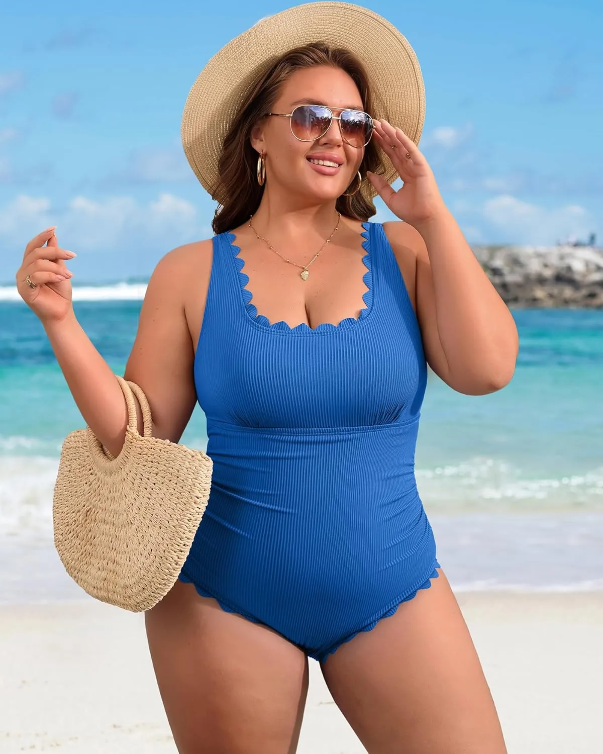 Charmo Plus Size Swimsuit for Women 2025 Tummy Control Scalloped Ribbed One Piece Swimsuits Ruched Modest Bathing Suit