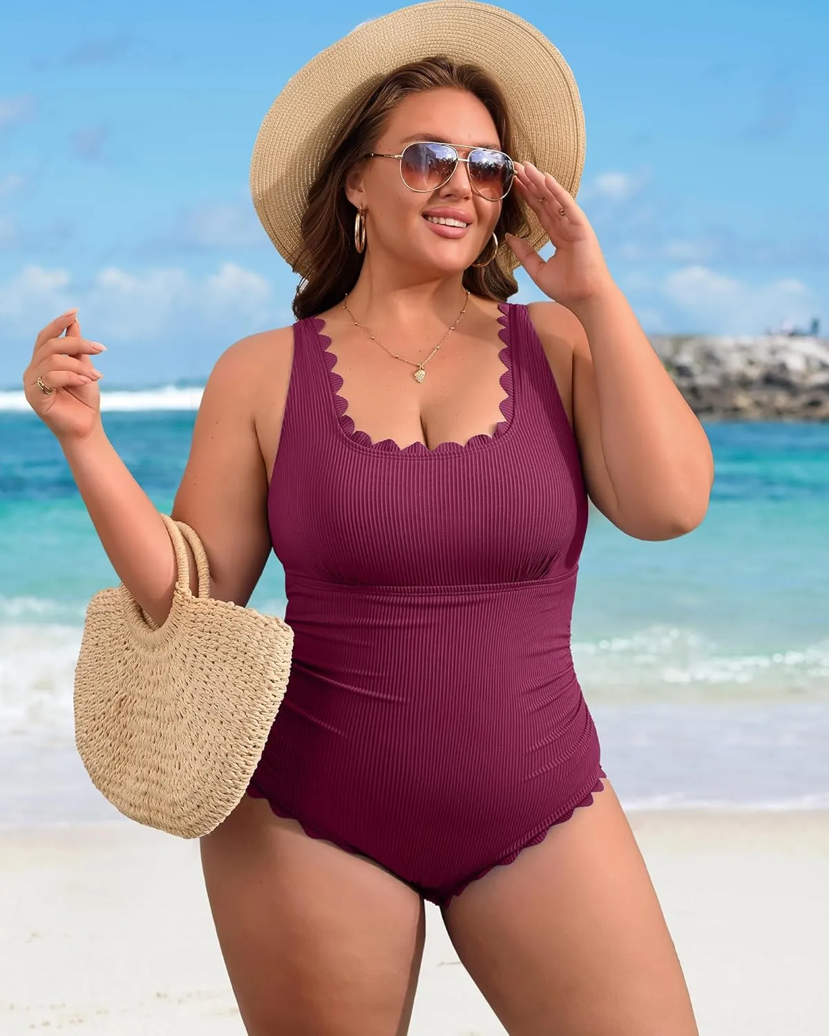 Charmo Plus Size Swimsuit for Women 2025 Tummy Control Scalloped Ribbed One Piece Swimsuits Ruched Modest Bathing Suit