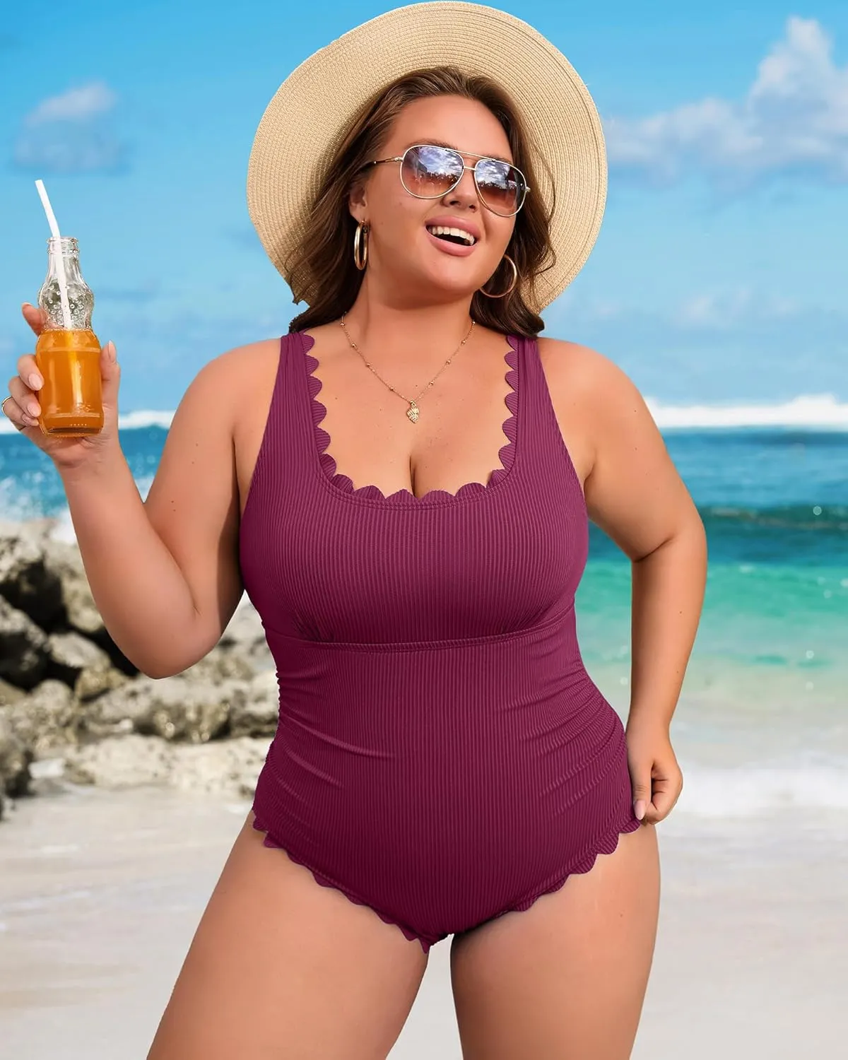 Charmo Plus Size Swimsuit for Women 2025 Tummy Control Scalloped Ribbed One Piece Swimsuits Ruched Modest Bathing Suit