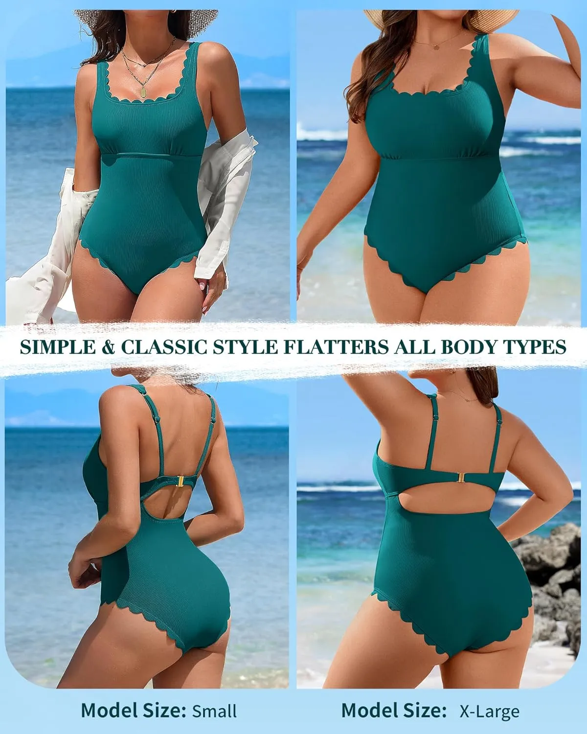 Charmo Womens Scalloped Ribbed One Piece Swimsuits Retro Square Neck Modest Bathing Suits