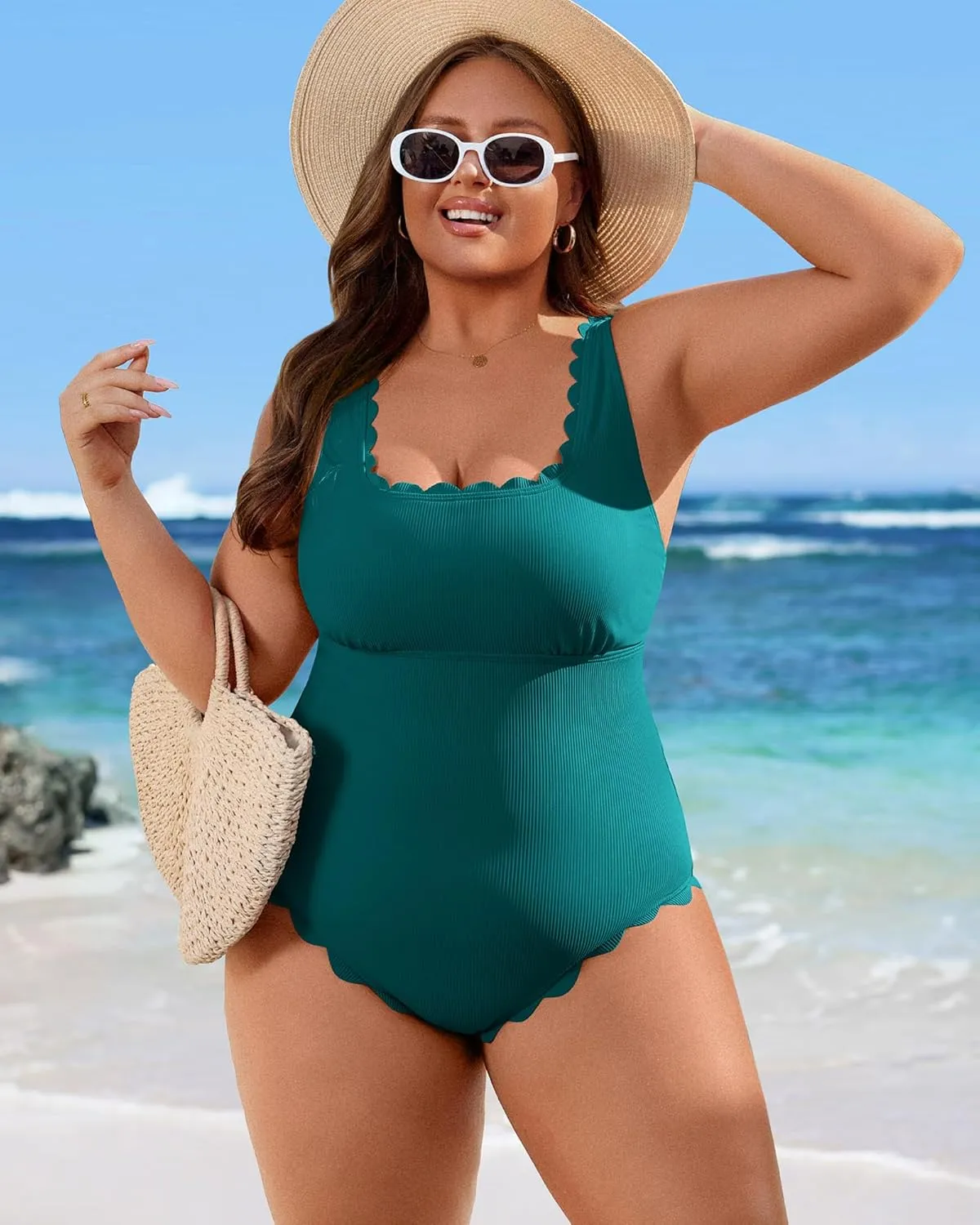 Charmo Womens Scalloped Ribbed One Piece Swimsuits Retro Square Neck Modest Bathing Suits