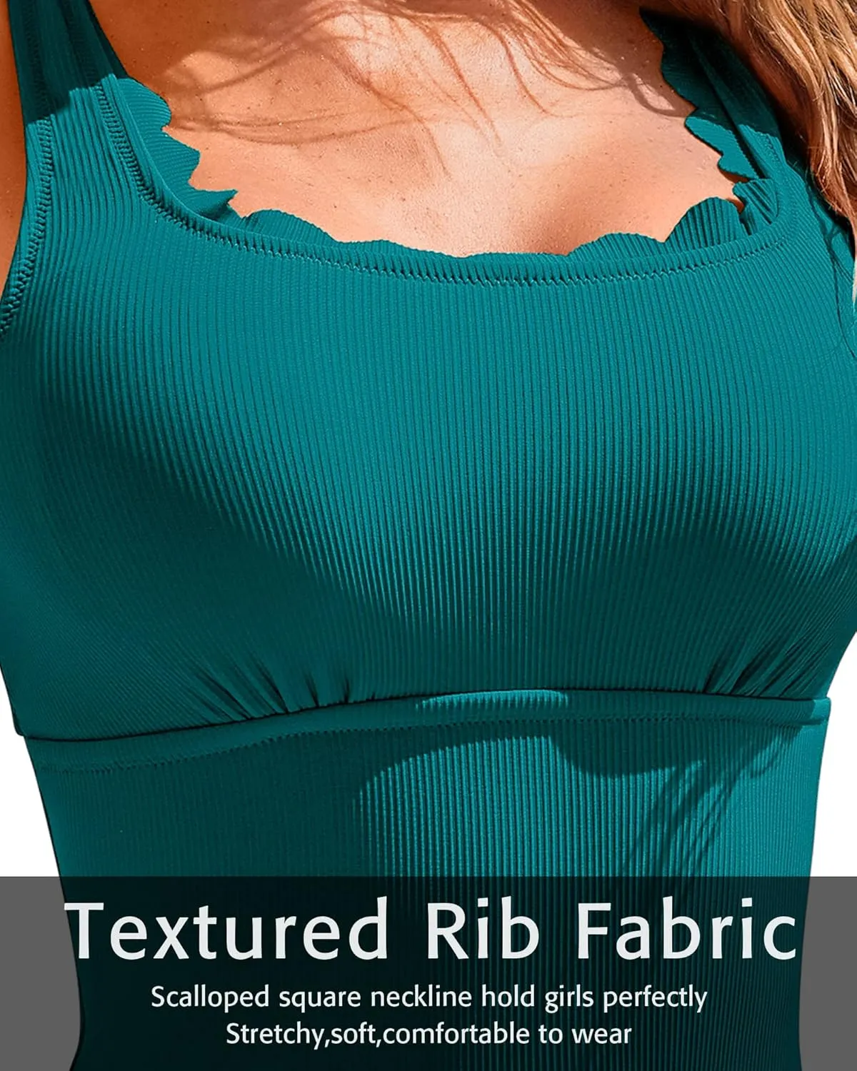 Charmo Womens Scalloped Ribbed One Piece Swimsuits Retro Square Neck Modest Bathing Suits
