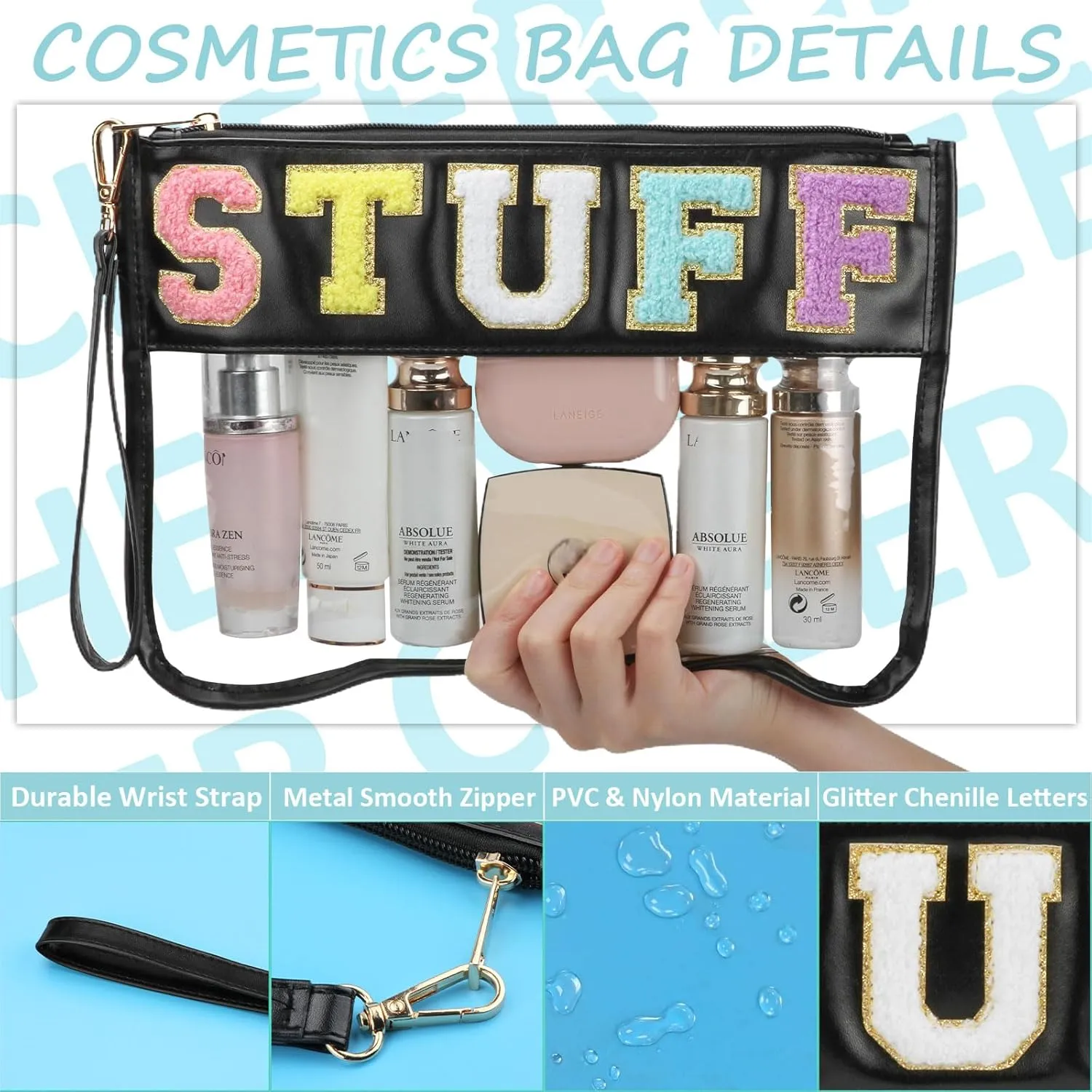 Clear Stuff Bag for Travel, Preppy Chenille Letter Embroidered Zipper Pouch, Waterproof PVC & PU Leather Cosmetic Bag, Toiletry Makeup Bag for Women Girls Black