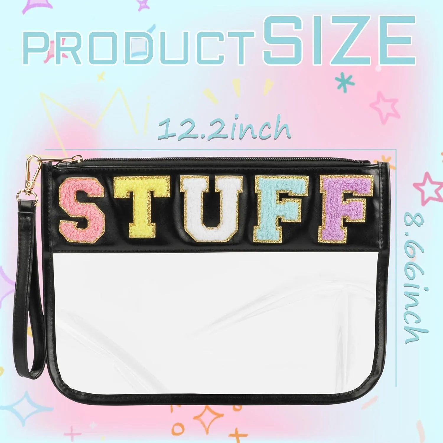 Clear Stuff Bag for Travel, Preppy Chenille Letter Embroidered Zipper Pouch, Waterproof PVC & PU Leather Cosmetic Bag, Toiletry Makeup Bag for Women Girls Black