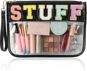 Clear Stuff Bag for Travel, Preppy Chenille Letter Embroidered Zipper Pouch, Waterproof PVC & PU Leather Cosmetic Bag, Toiletry Makeup Bag for Women Girls Black