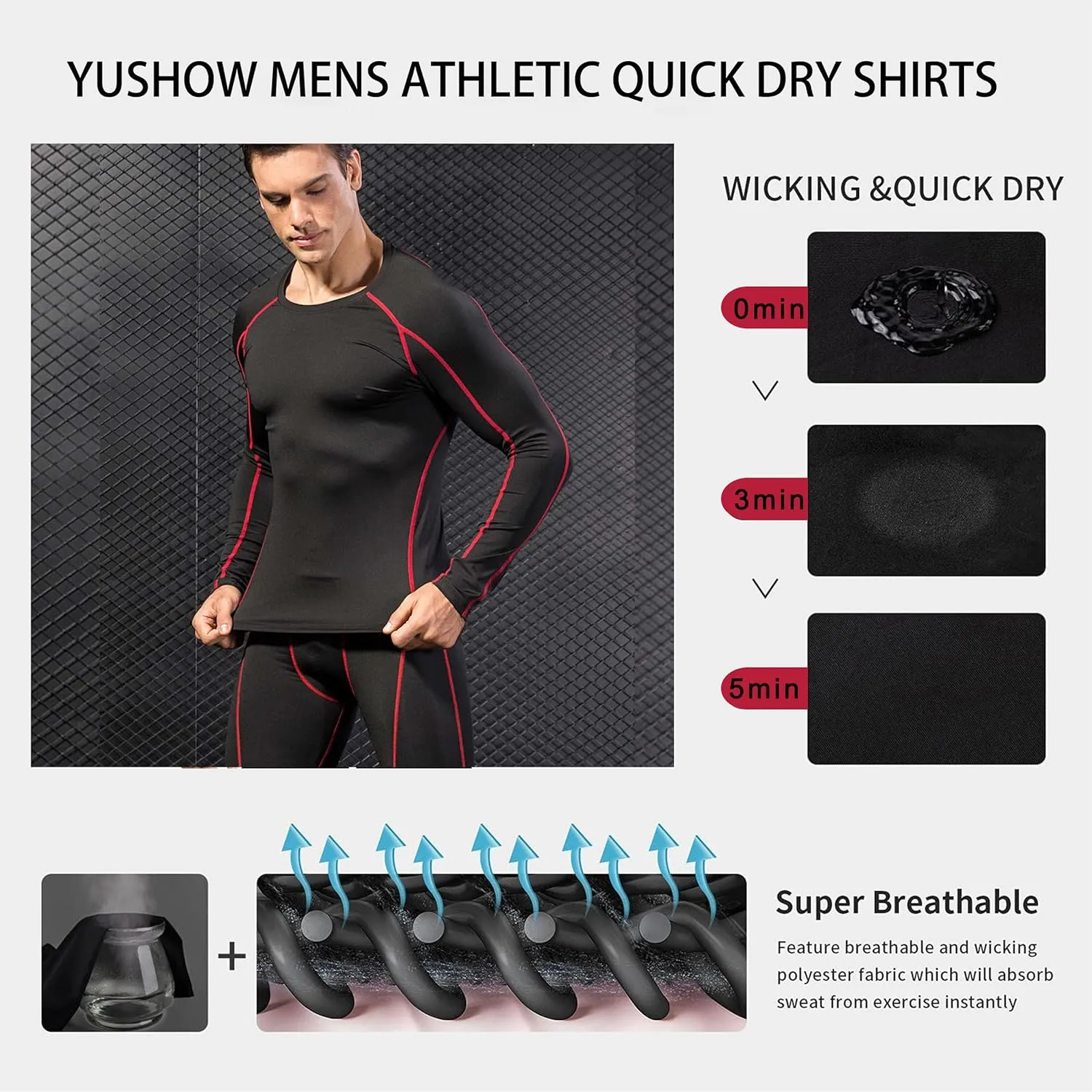 Compression Shirts for Men Long Sleeve Crew Neck Quick Dry Workout Running Athletic Base Layer Mens Compression Tops