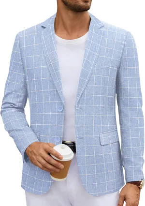 COOFANDY Men's Linen Plaid Blazer Casual Checkered Sport Coat Lightweight Unlined Slim Fit Sport Jacket Summer Blazer, M
