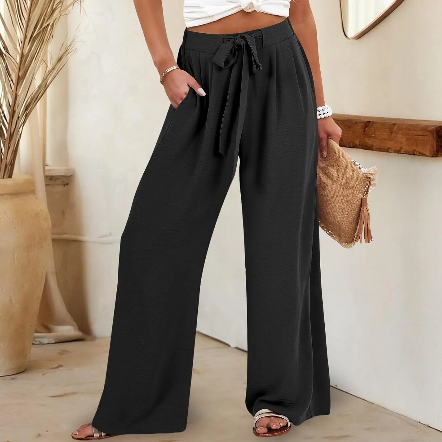 Cotton Linen Pants Women Wide Leg Palazzo Summer High Waist Flowy Casual Trousers Loose Beach Vacation Boho Outfits