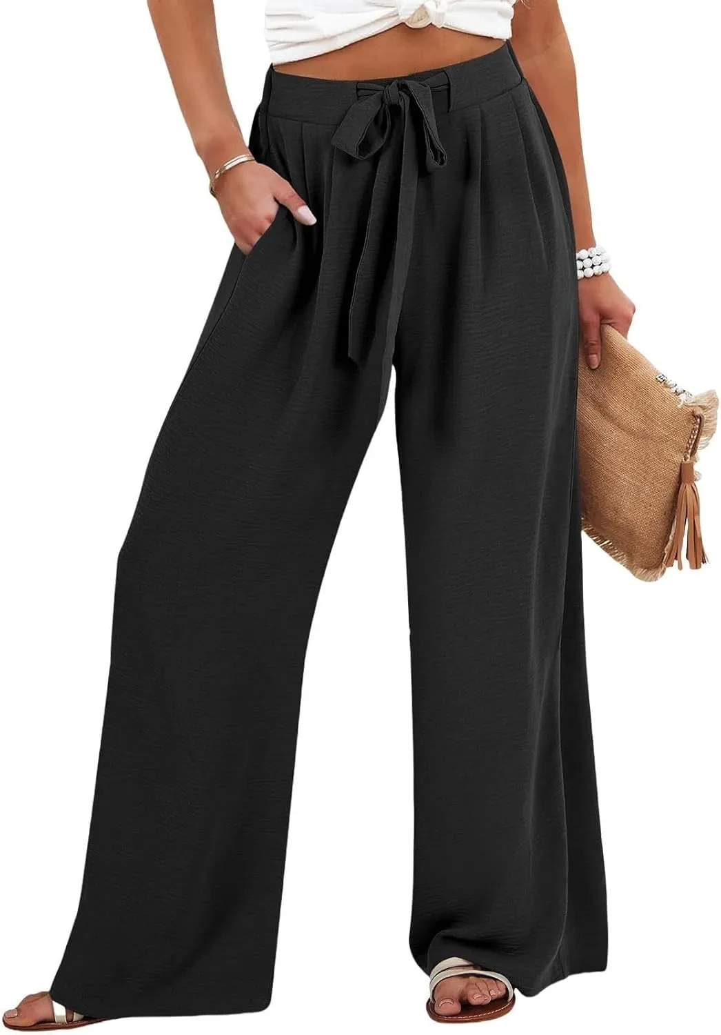 Cotton Linen Pants Women Wide Leg Palazzo Summer High Waist Flowy Casual Trousers Loose Beach Vacation Boho Outfits