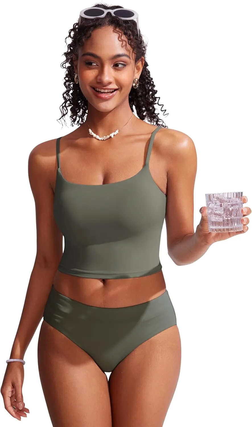 CRZ YOGA Womens Scoop Neck Bikini Tops U Back Longline Swimsuit Adjustable Spaghetti Straps Bathing Suit Crop Tankini