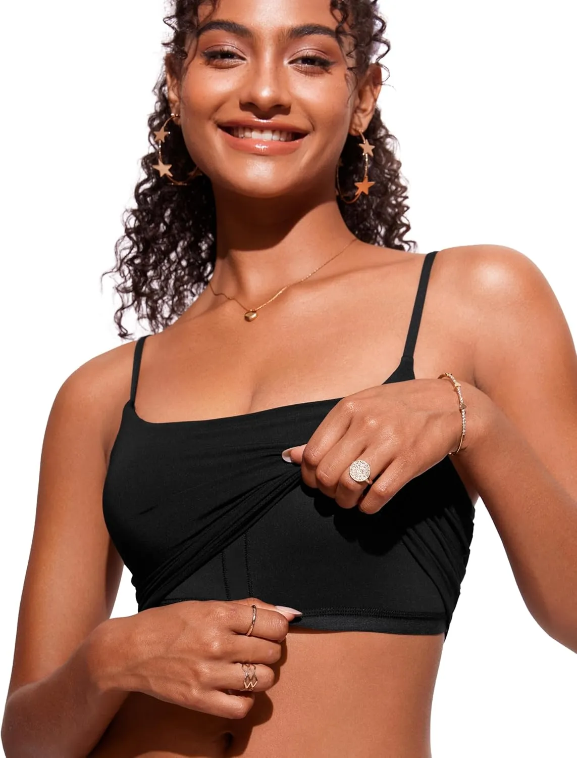 CRZ YOGA Womens Scoop Neck Bikini Tops U Back Longline Swimsuit Adjustable Spaghetti Straps Bathing Suit Crop Tankini