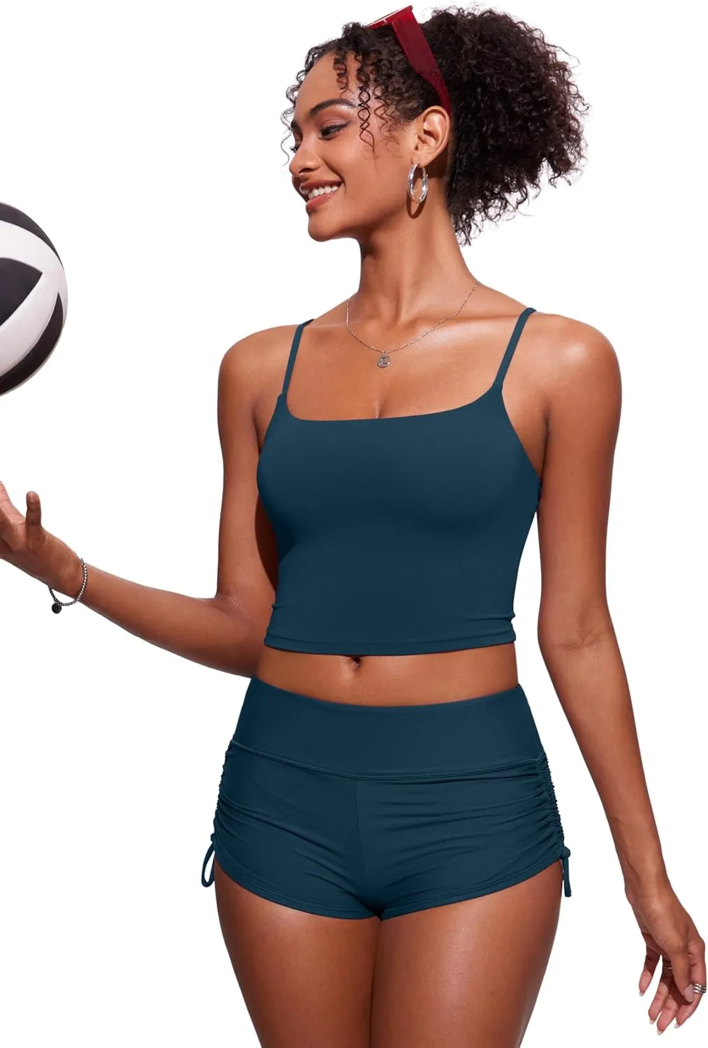 CRZ YOGA Womens Scoop Neck Bikini Tops U Back Longline Swimsuit Adjustable Spaghetti Straps Bathing Suit Crop Tankini