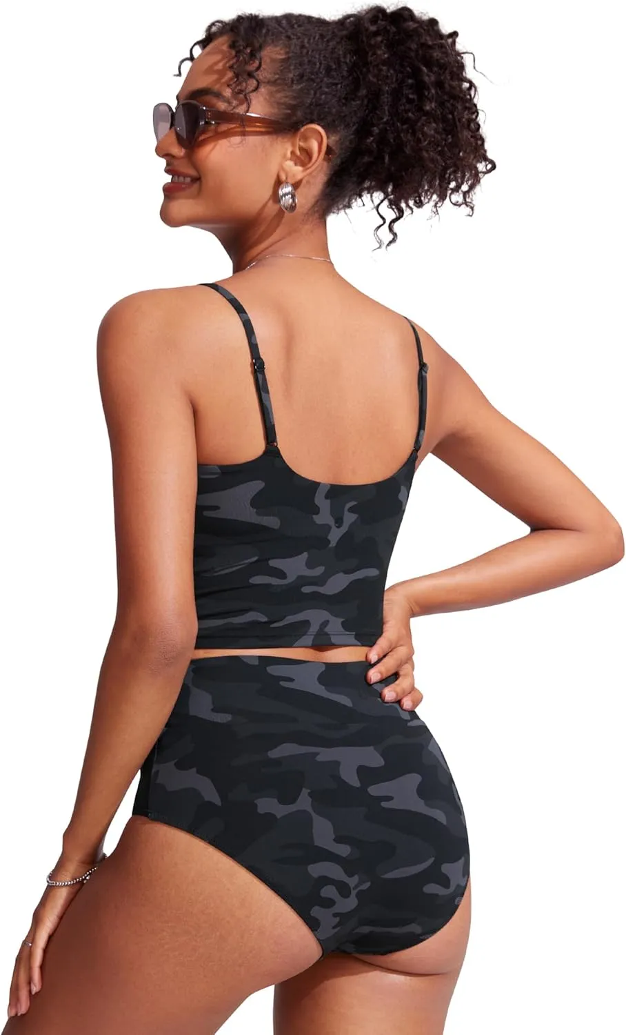 CRZ YOGA Womens Scoop Neck Bikini Tops U Back Longline Swimsuit Adjustable Spaghetti Straps Bathing Suit Crop Tankini