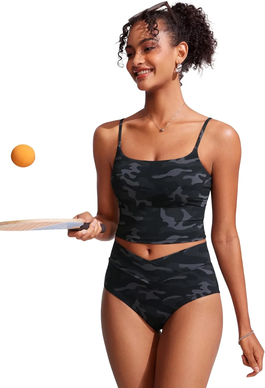 CRZ YOGA Womens Scoop Neck Bikini Tops U Back Longline Swimsuit Adjustable Spaghetti Straps Bathing Suit Crop Tankini