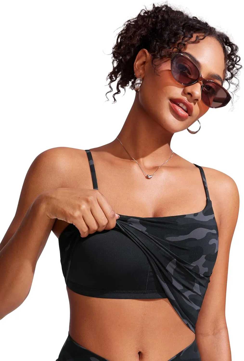 CRZ YOGA Womens Scoop Neck Bikini Tops U Back Longline Swimsuit Adjustable Spaghetti Straps Bathing Suit Crop Tankini