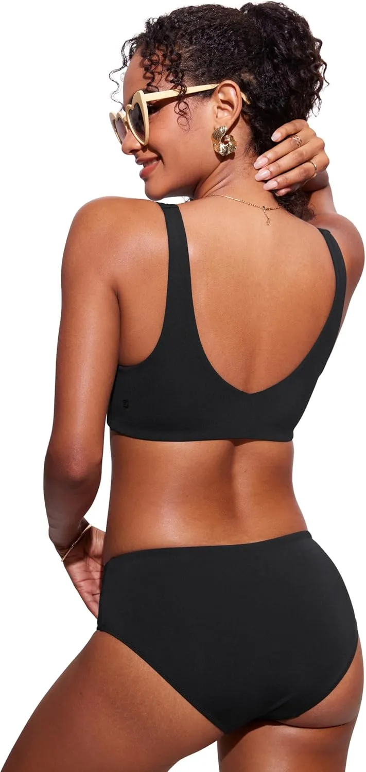 CRZ YOGA Womens V Neck Bikini Tops Bathing Suit V Back Wide Straps Swim Bra Padded Swimsuit