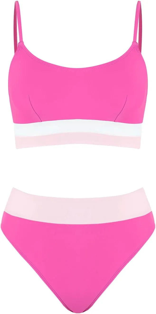 CUPSHE Women's Bikini Sets High Waisted Bathing Suit Scoop Neck Spaghetti Adjustable Straps Color Block Swimwear