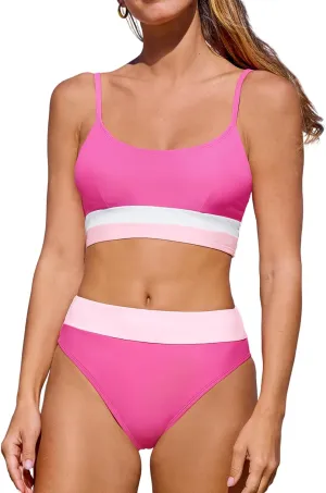 CUPSHE Women's Bikini Sets High Waisted Bathing Suit Scoop Neck Spaghetti Adjustable Straps Color Block Swimwear