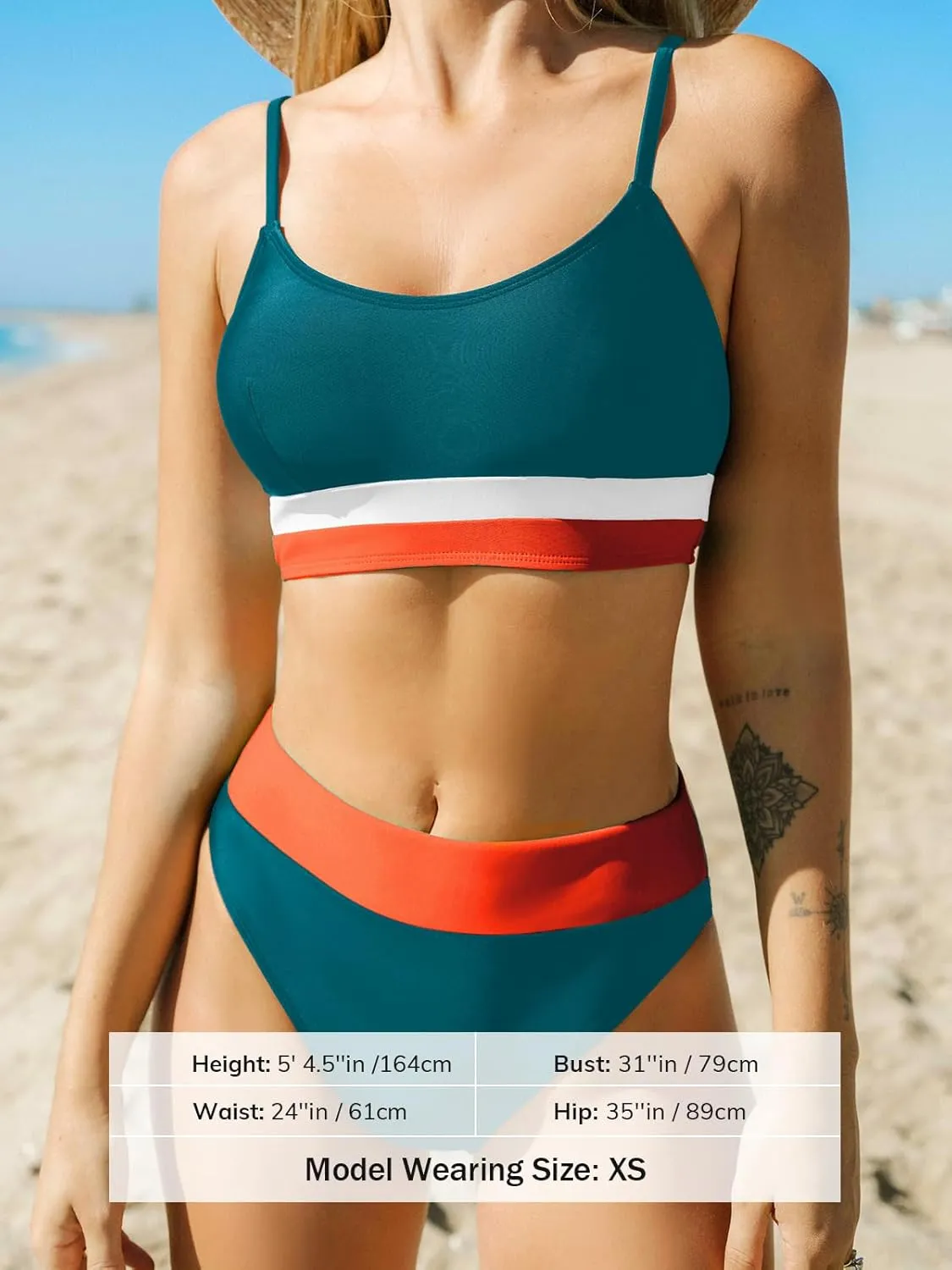 CUPSHE Women's Bikini Sets High Waisted Bathing Suit Scoop Neck Spaghetti Adjustable Straps Color Block Swimwear