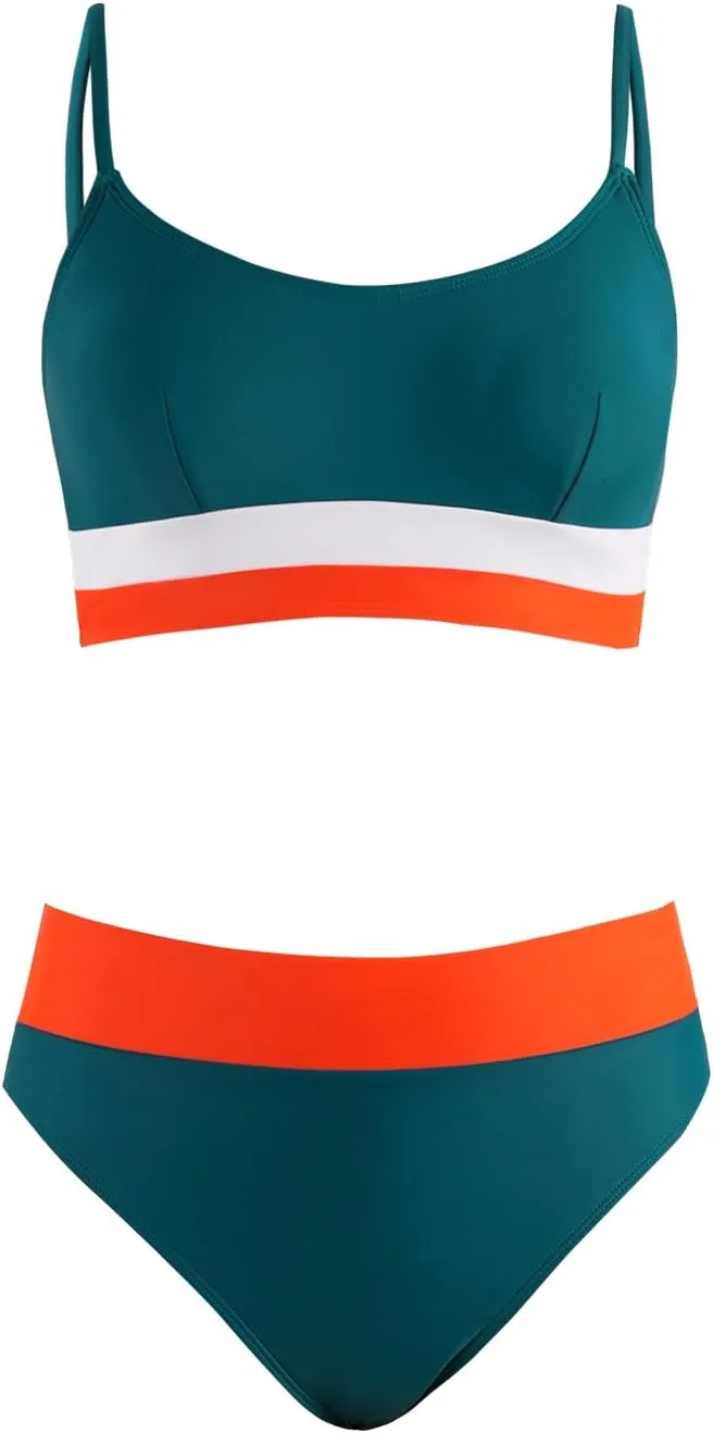 CUPSHE Women's Bikini Sets High Waisted Bathing Suit Scoop Neck Spaghetti Adjustable Straps Color Block Swimwear
