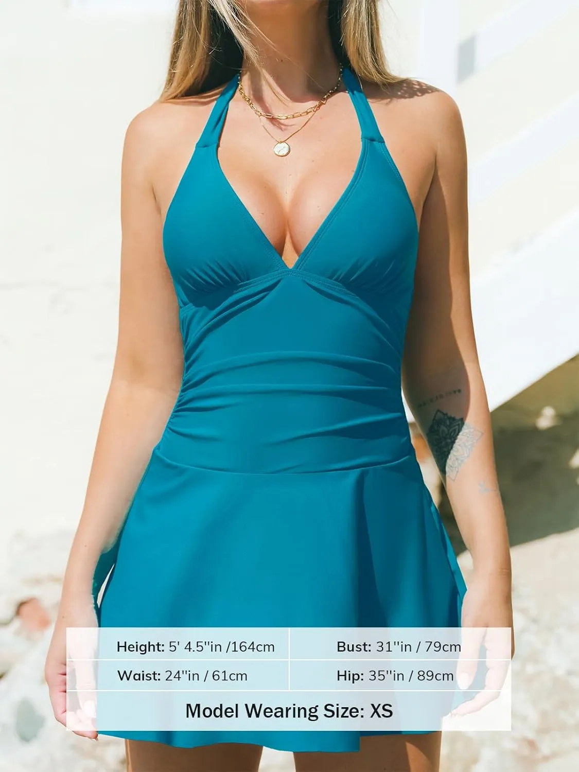 CUPSHE Women's One Piece Swimdress V Neck Plunge Halter Self Tie Open Back Ruched Bathing Suit