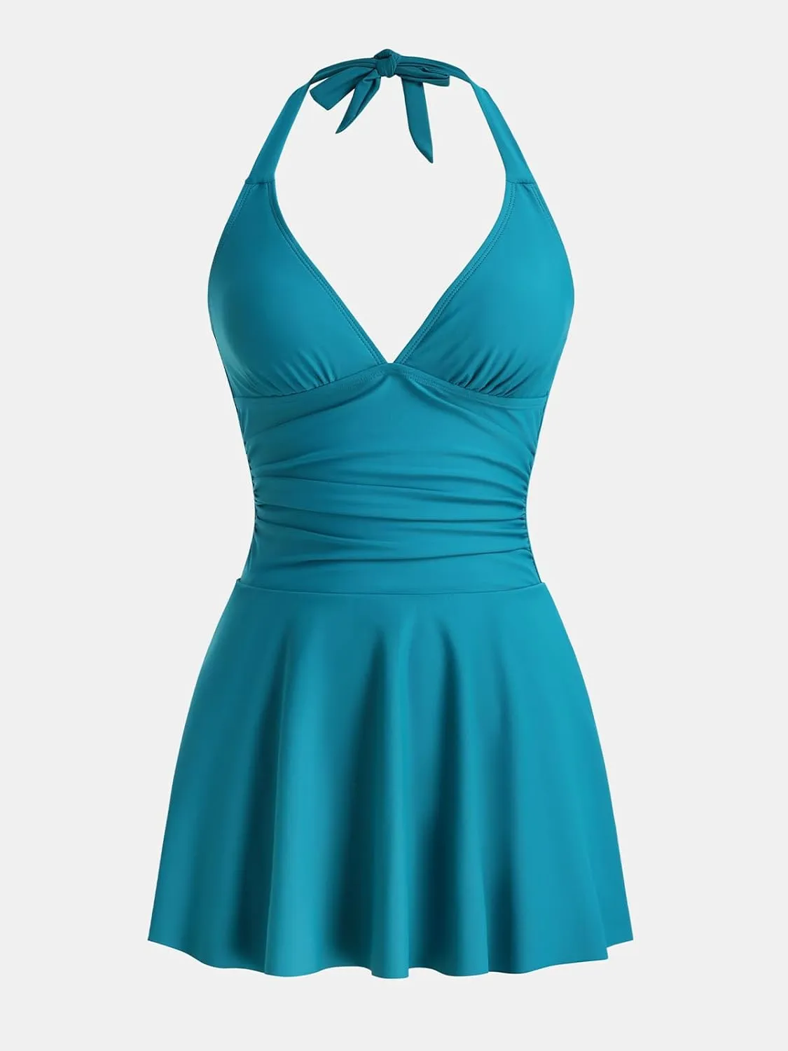 CUPSHE Women's One Piece Swimdress V Neck Plunge Halter Self Tie Open Back Ruched Bathing Suit