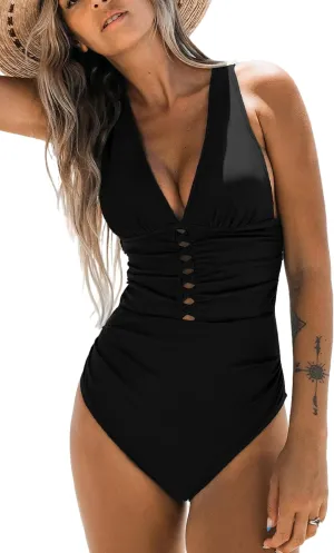 CUPSHE Women's One Piece Swimsuit V Neck Ruched Front Keyhole Cutout Crisscross Tie Back Bathing Suit