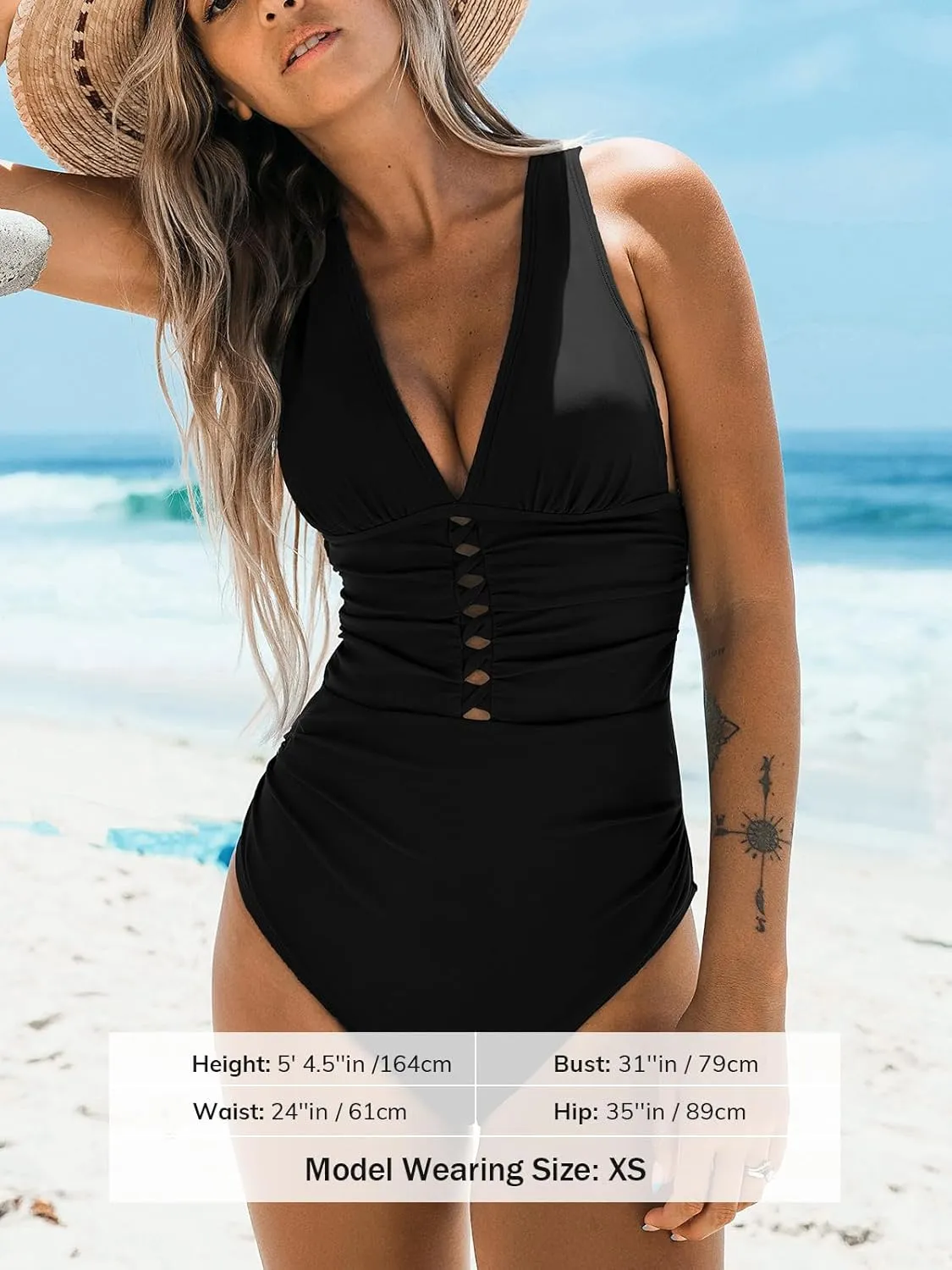 CUPSHE Women's One Piece Swimsuit V Neck Ruched Front Keyhole Cutout Crisscross Tie Back Bathing Suit