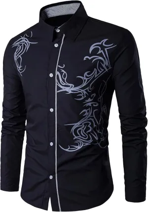 DGHM-JLMY Men's Totem Gold Printed Long Sleeve Shirt Hipster Slim Fit Button Up Party Dress Shirts Gold Shiny Stylish Shirt