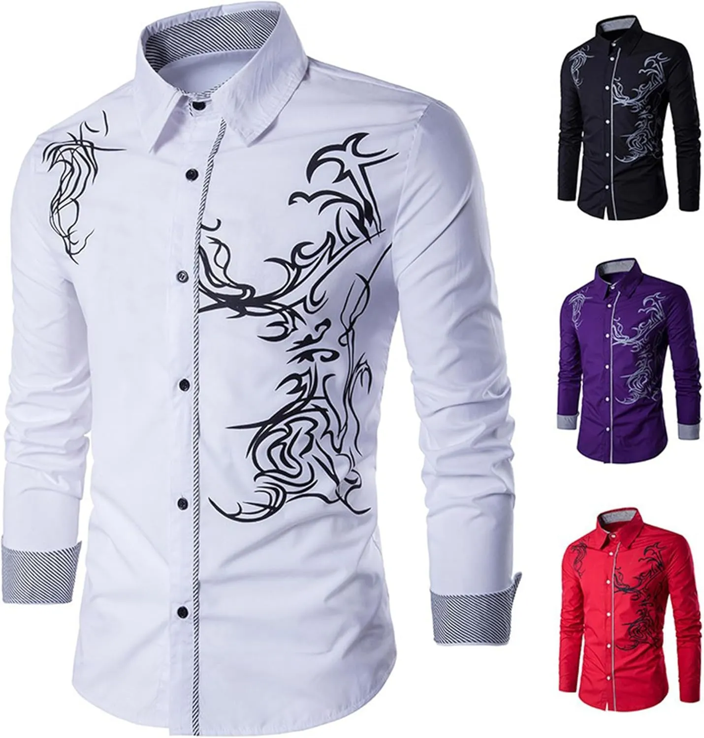 DGHM-JLMY Men's Totem Gold Printed Long Sleeve Shirt Hipster Slim Fit Button Up Party Dress Shirts Gold Shiny Stylish Shirt