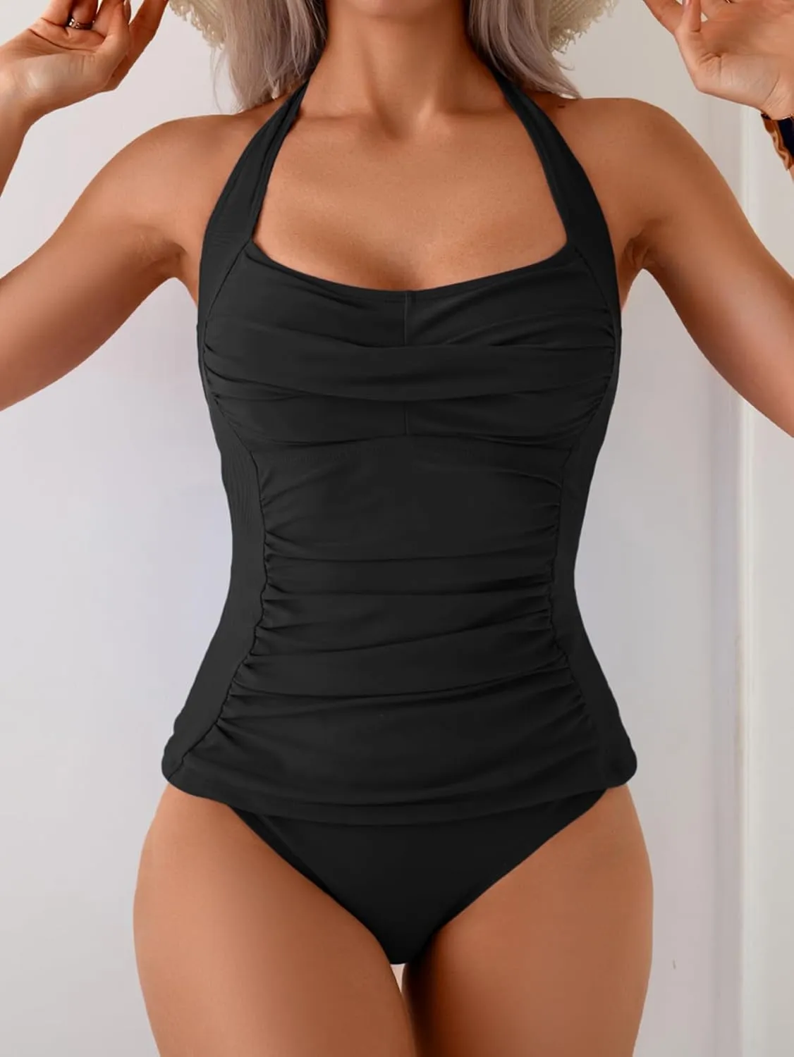Eomenie Womens Halter Tankini Bathing Suit Ruched Tummy Control Two Piece Swimsuit with Bottom