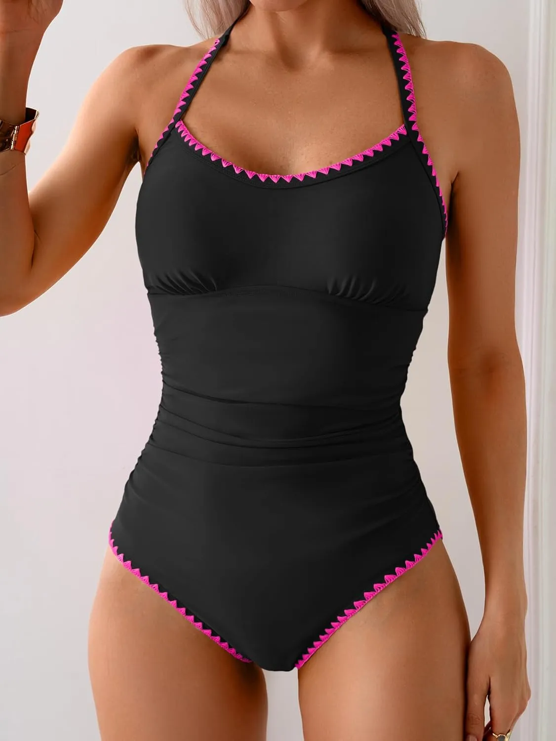 Eomenie Women's One Piece Swimsuit Tummy Control Slimming Bathing Suit Ruched Swimwear Tie Back Shell Stitch Swim Suit