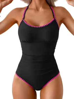 Eomenie Women's One Piece Swimsuit Tummy Control Slimming Bathing Suit Ruched Swimwear Tie Back Shell Stitch Swim Suit