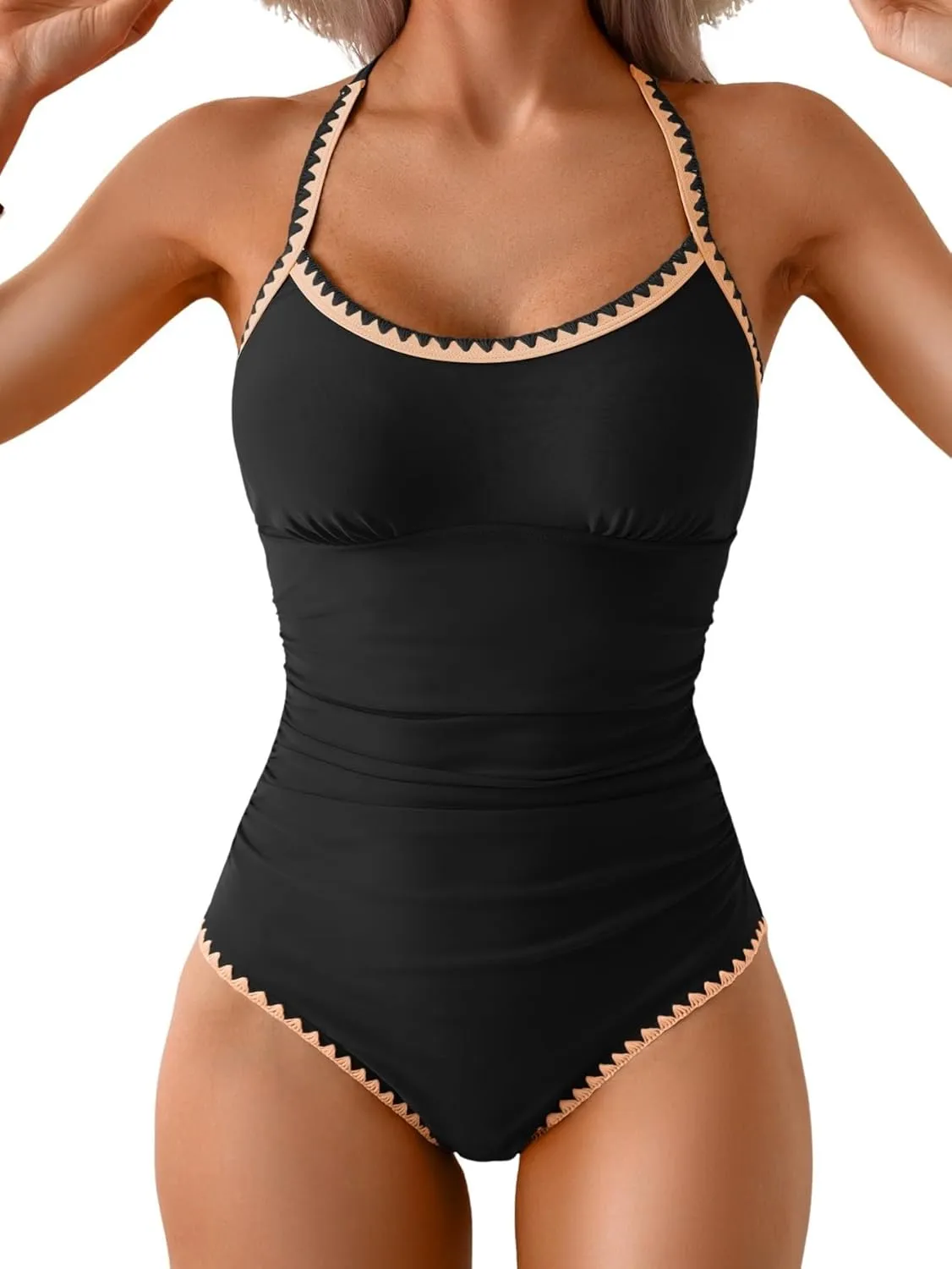 Eomenie Women's One Piece Swimsuit Tummy Control Slimming Bathing Suit Ruched Swimwear Tie Back Shell Stitch Swim Suit