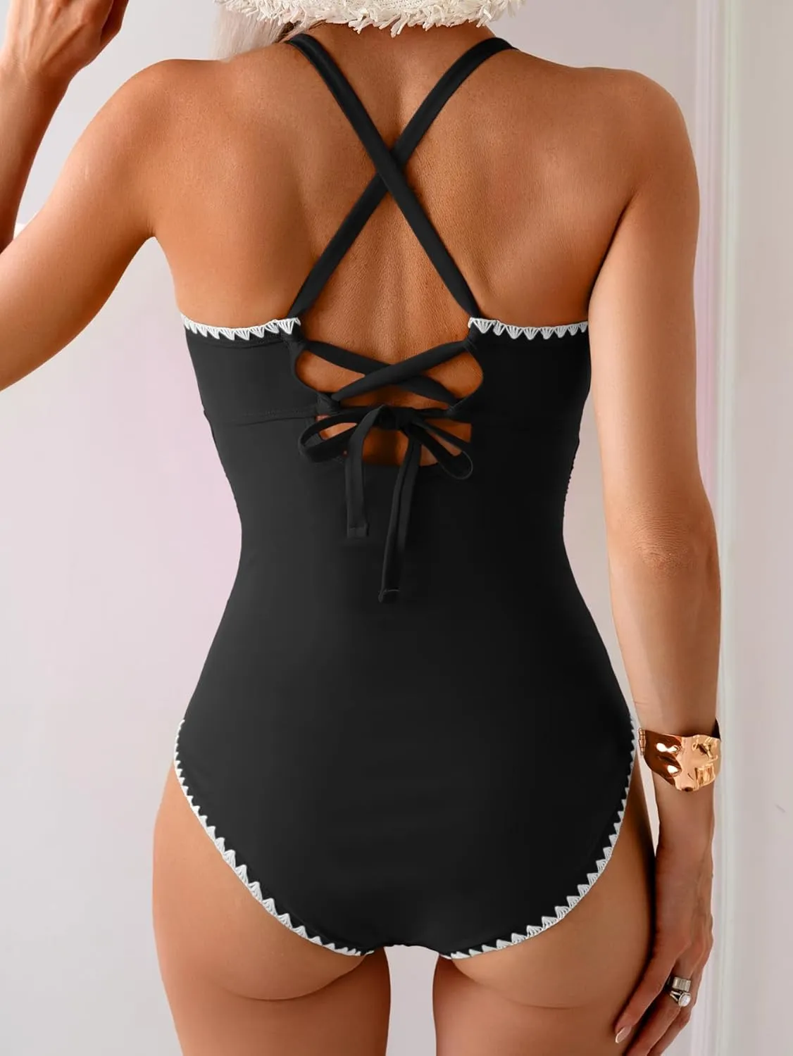 Eomenie Women's One Piece Swimsuit Tummy Control Slimming Bathing Suit Ruched Swimwear Tie Back Shell Stitch Swim Suit