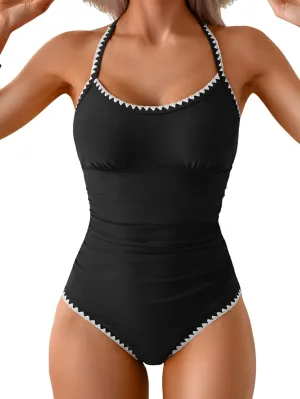 Eomenie Women's One Piece Swimsuit Tummy Control Slimming Bathing Suit Ruched Swimwear Tie Back Shell Stitch Swim Suit