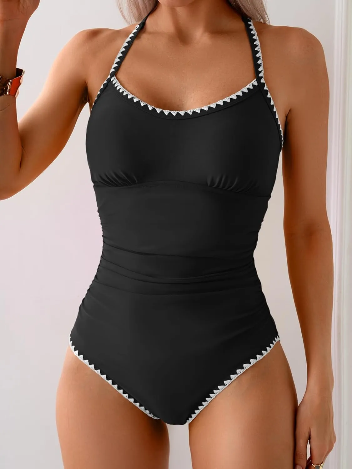 Eomenie Women's One Piece Swimsuit Tummy Control Slimming Bathing Suit Ruched Swimwear Tie Back Shell Stitch Swim Suit