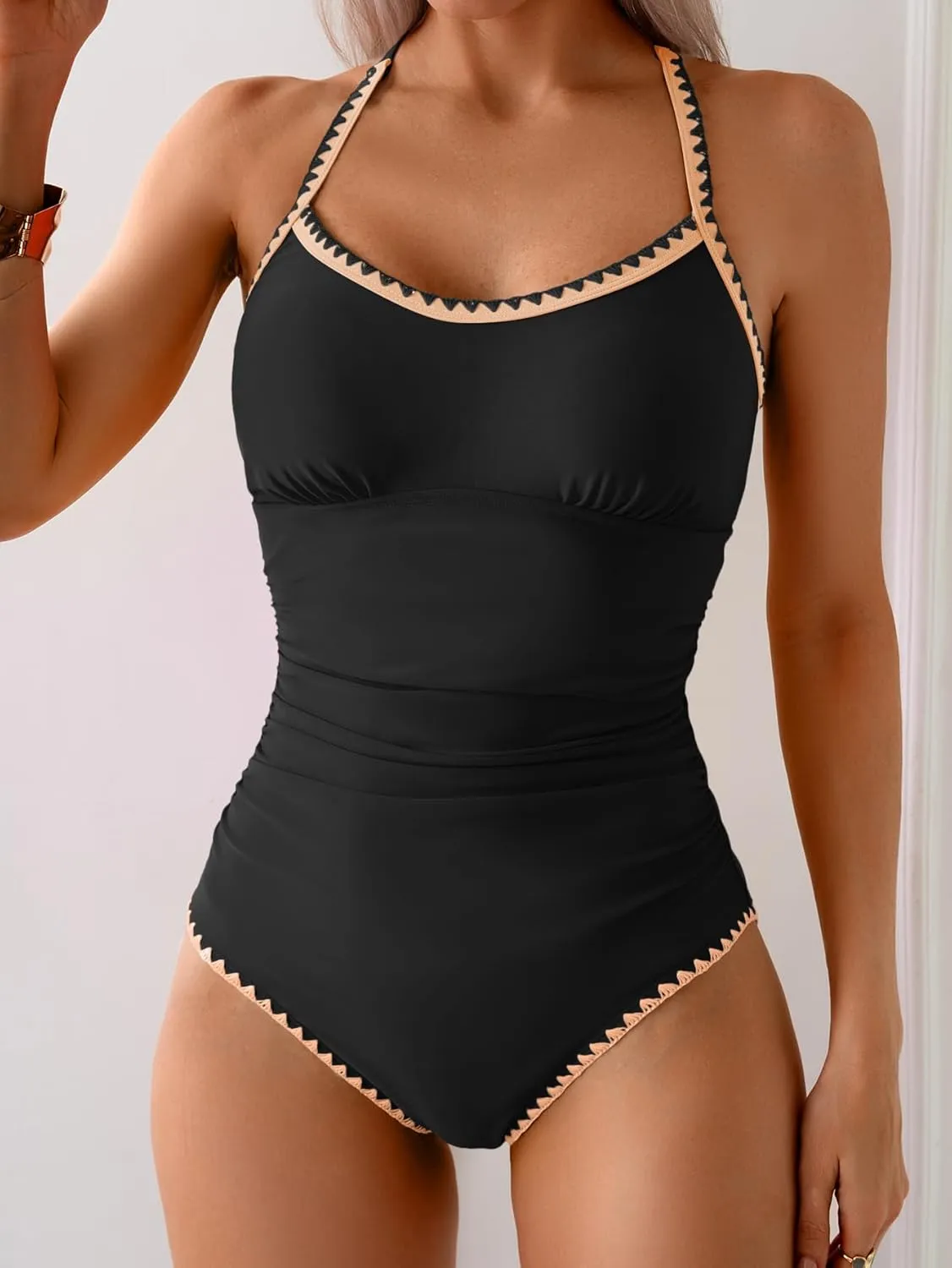 Eomenie Women's One Piece Swimsuit Tummy Control Slimming Bathing Suit Ruched Swimwear Tie Back Shell Stitch Swim Suit