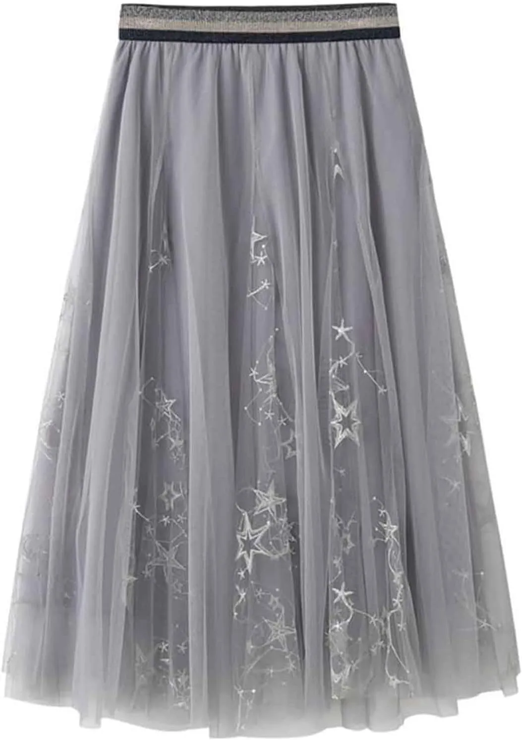 Falda de tul Tulle Skirts for Women Trendy Embroidered Star Pleated Midi Skirt Fairy A-Line High Waisted Layered Flowy Skirt Mujer