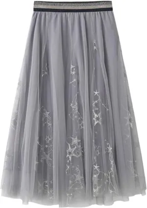 Falda de tul Tulle Skirts for Women Trendy Embroidered Star Pleated Midi Skirt Fairy A-Line High Waisted Layered Flowy Skirt Mujer